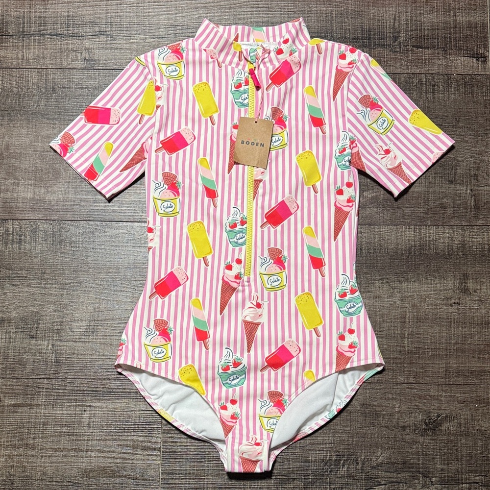 Mini Boden Pink Striped Ice Cream Swimsuit